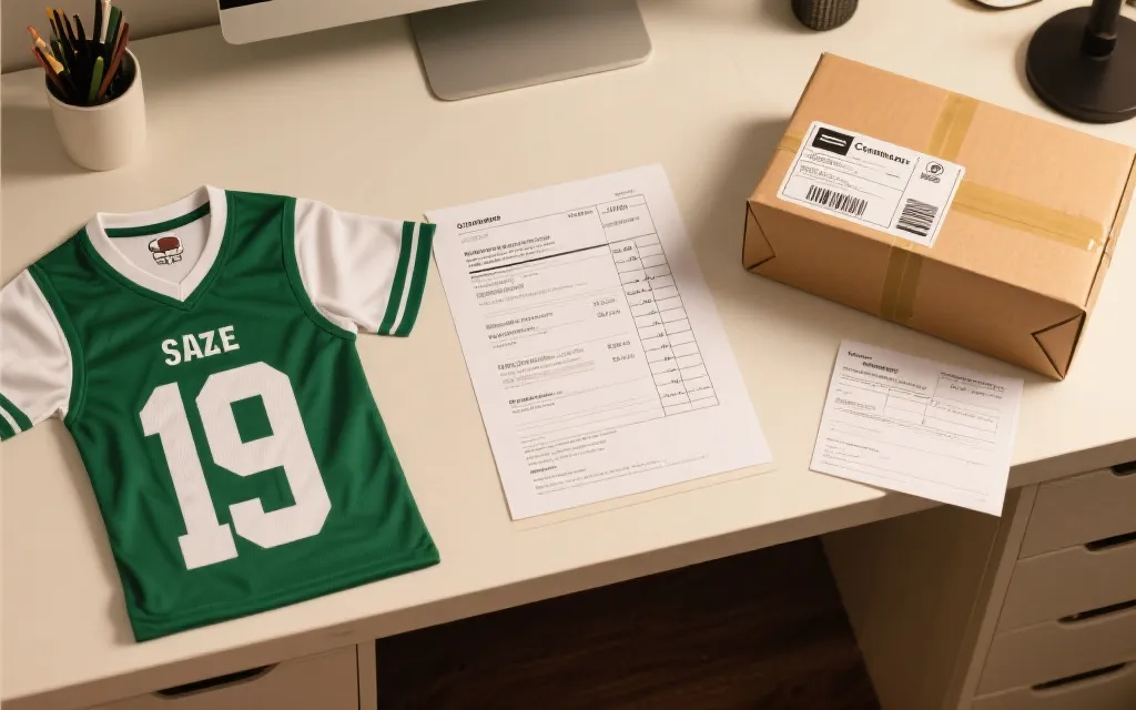桌面上放着球衣尺码表、海关申报单与快递包裹，体现跨境购买的关键细节