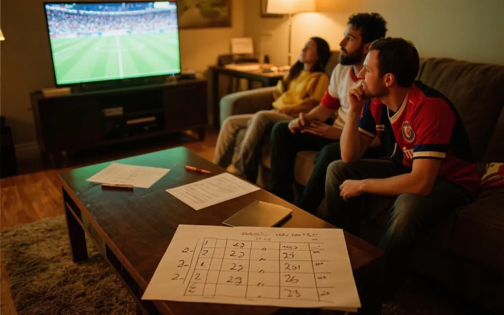 球迷在客厅看比赛，桌上有记分手写笔记与统计图样的纸张